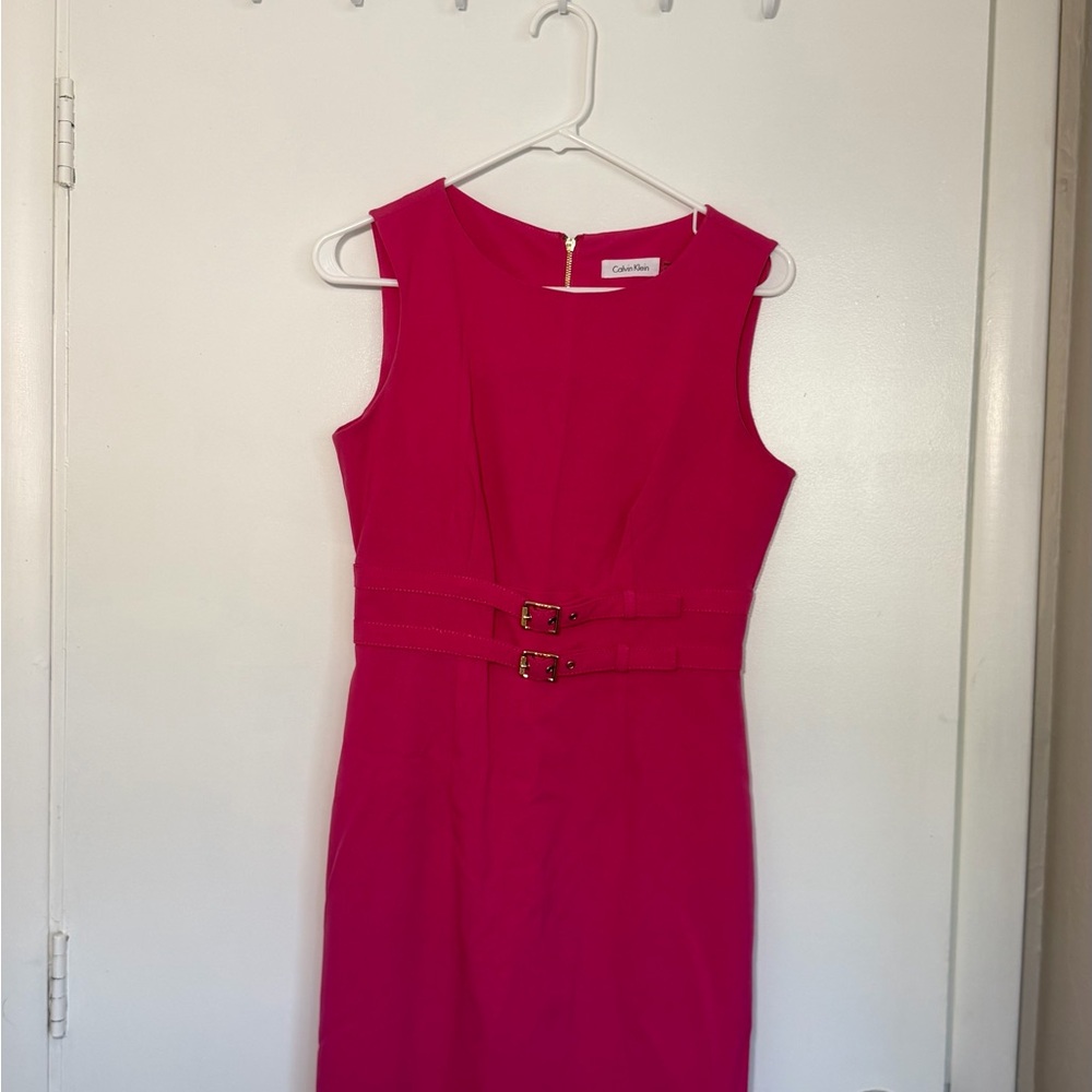 Calvin Klein Hot Pink Sleeveless Sheath Dress with Double Belts